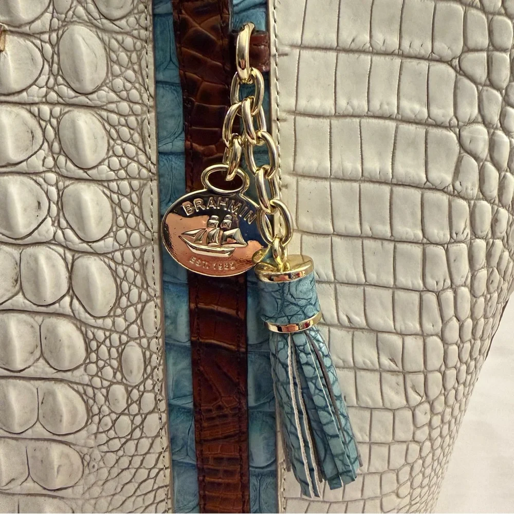 BRAHMIN HANDBAG, Medium Asher - Coconut Soraya Leather Tote Handbag, VERY GOOD.